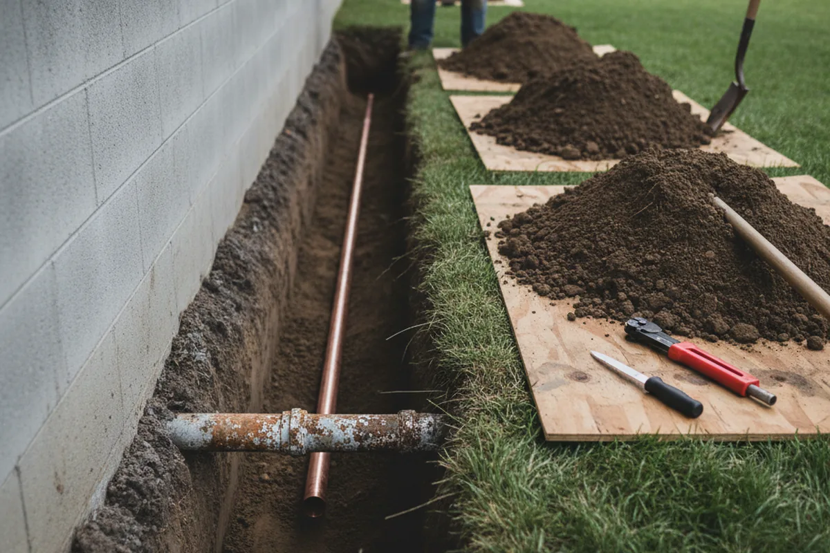 Excavated water line trench during Sewer Line Repair in Enfield